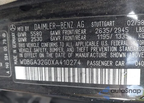 1999 Mercedes-Benz S 320 from USA, damaged, VIN WDBGA32G0XA410274